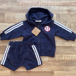Little Mish Dark Blue Baseball Sweatshirt Outfit